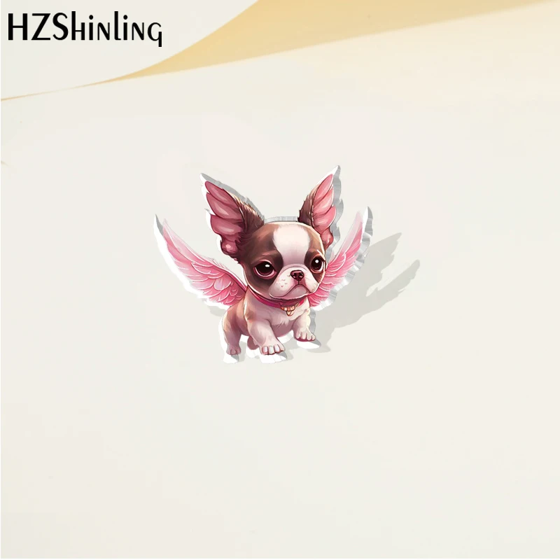 2023 Cartoon Animal Pet Boston Terrier Dog Wings Gifts Acrylic Lapel Pin Resin Epoxy Acrylic Pins Fashion Jewelry Accessories