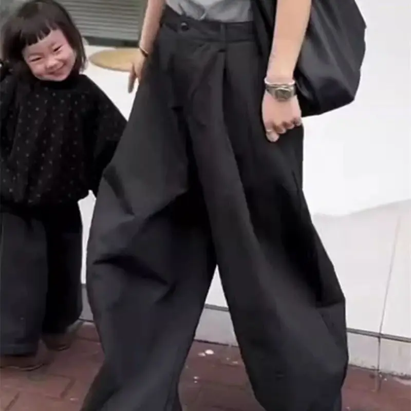 الصيف الكورية موضة مطوي جيب الشارع الشهير بنطلون 234A أسود بنطال ذو قصة أرجل واسعة النساء عالية الخصر عادية فضفاض بالازو السراويل