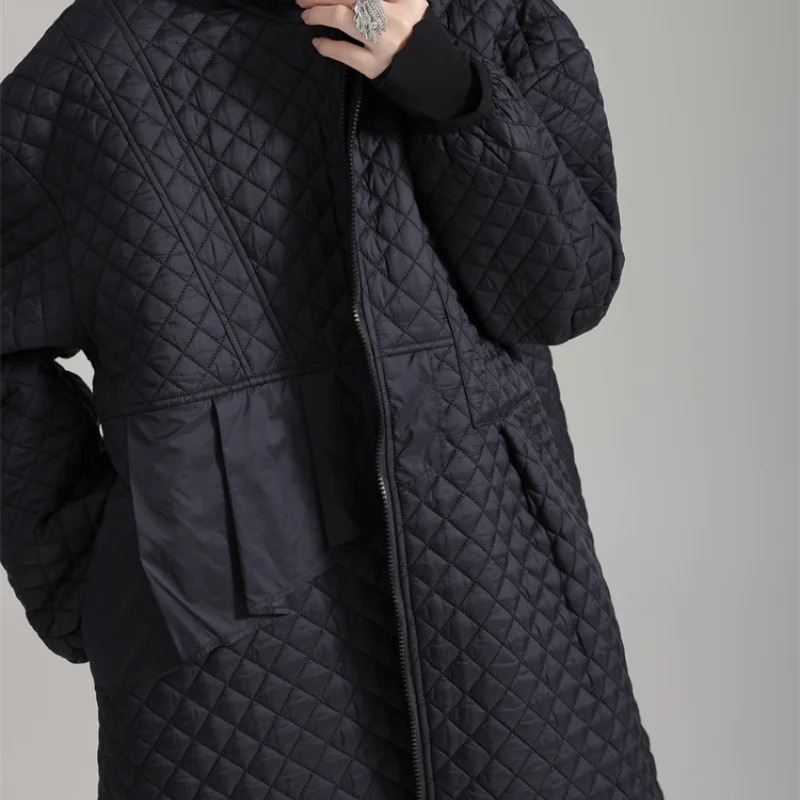 Argyle Black Parkas Women Loose Long Quilted Jacket Autumn Winter Hooded Coat Zipper Ruffles Decor Pockets Outwear