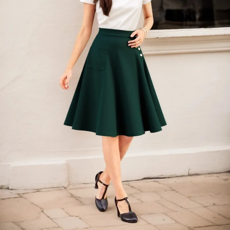 2025 New Hepburn Vintage Summer One Pocket Front Buttons Side Swing Skirt Streetwear Women's Green Elegant Fashion Plain Skirts