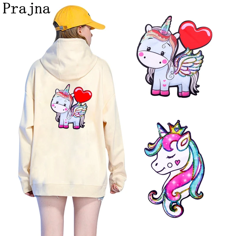 Prajna Unicorn Sequins Patch Cartoon Embroidered Patches For Clothing Animal Appliques Patches On Clothes Sewing Accessories