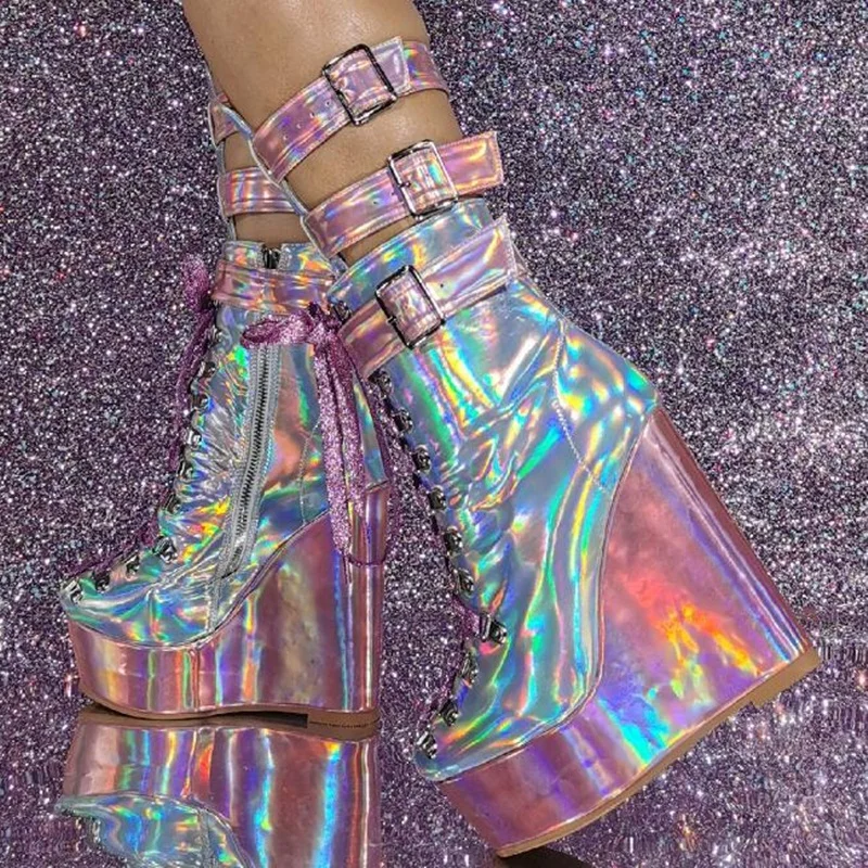 

Fluorescent Laser Iridescent Leather Wedge Heels Boots Buckle Belt Strap Round Toe Height Increasing Short Bootie Plus Size 47