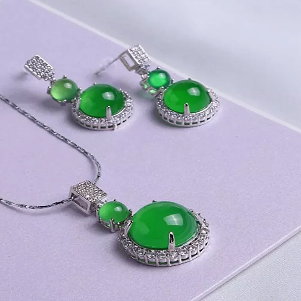 Jade Jewelry 4 Set Earrings Ring Pendant Necklace Charm 18K White Gold Plated