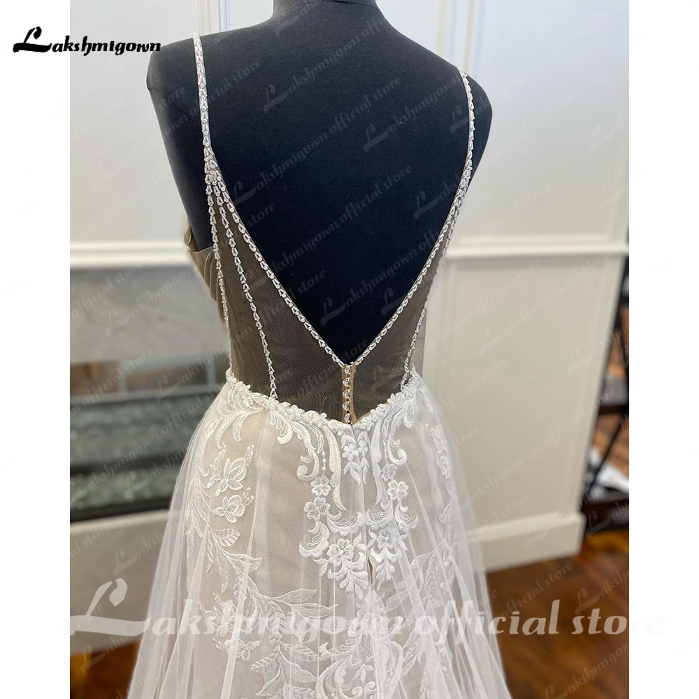 Lakshmigown alças de espaguete a linha tule vestido de casamento para as mulheres 2023 sexy nupcial boho praia vestidos de casamento renda sem costas