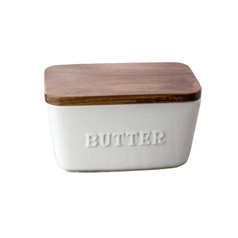 White and Acacia Wood Porcelain Embossed Butter Dish,Microwave safe,Hand wash and dry acacia lid