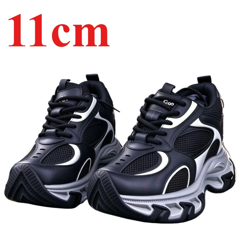 silver-black Mesh Breathable Thick-soled Height-increasing Shoes Men's Comfortable Daddy Shoes 11cm Heightening Elevator Shoes