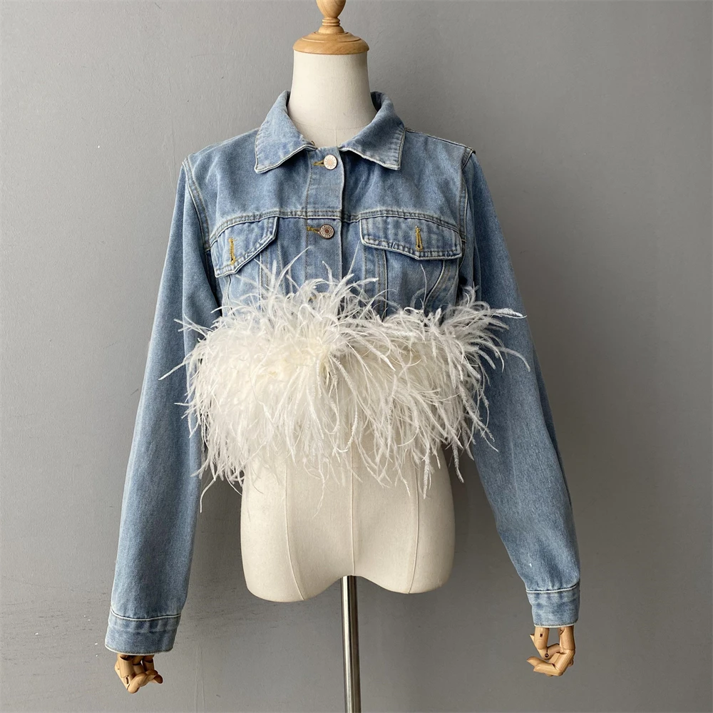 

Jaxmonoy Women's Denim Jacket Ladies Spring Autumn Real Ostrich Feather Trim Jean Jackets 2025 New In Outerwears Female