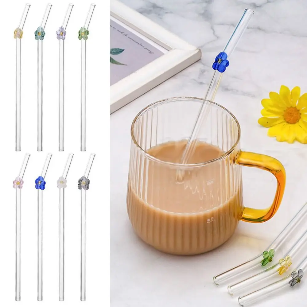 Flower Glass Straws Reusable Transparent Straight Bend Straws For Smoothies Cocktails Drinking Eco Friendly Straw Bar Tool