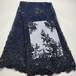 Luxury Navy Blue African Handmade Beads Lace Fabric 2023 High Quality French Nigerian Sequins Lace Fabric For Party KWH23104A