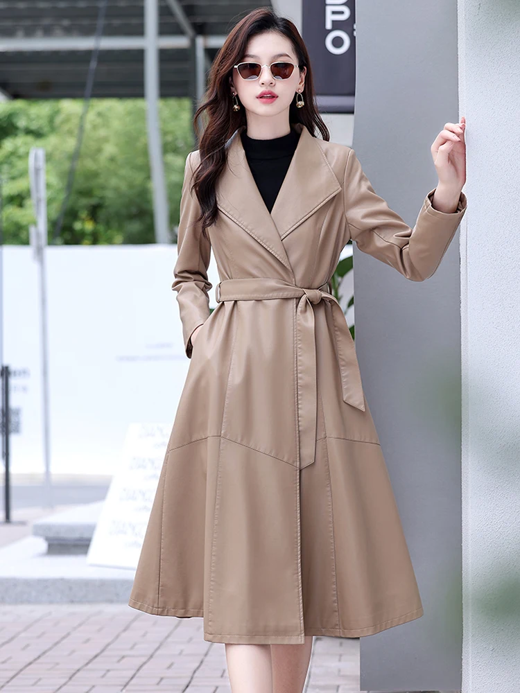 Nuovo Cappotto in Vera Pelle Haifeng Autunno Inverno 2024, Giacca da Donna di Media Lunghezza in Pelle di Pecora con Cintura, Slim Fit e Trendy