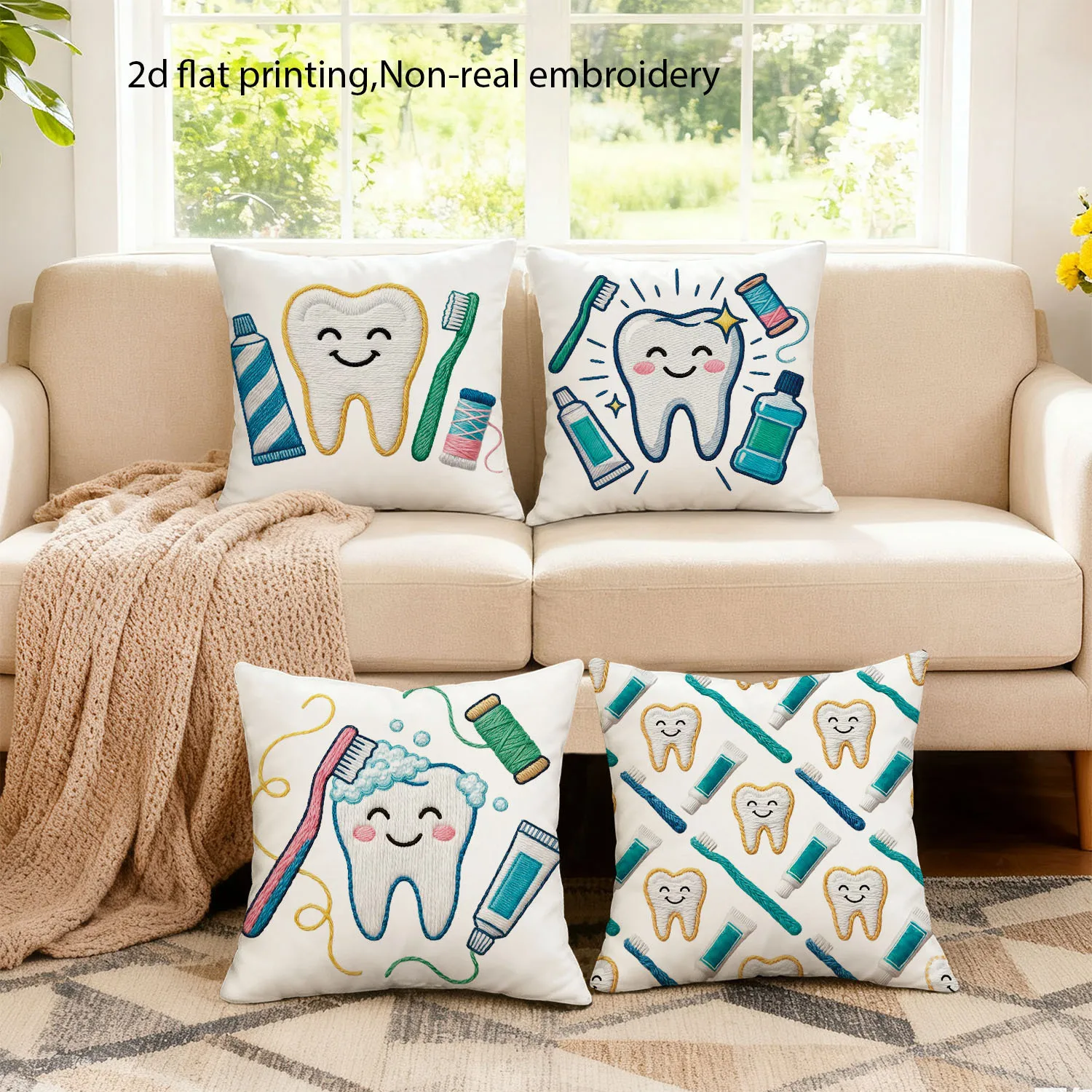 Pediatric Dentist Style Pillow Covers, Cute Cartoon Tooth & Dental Hygiene Tools Print Cushion Cases, Cozy Clinic & Home Decor