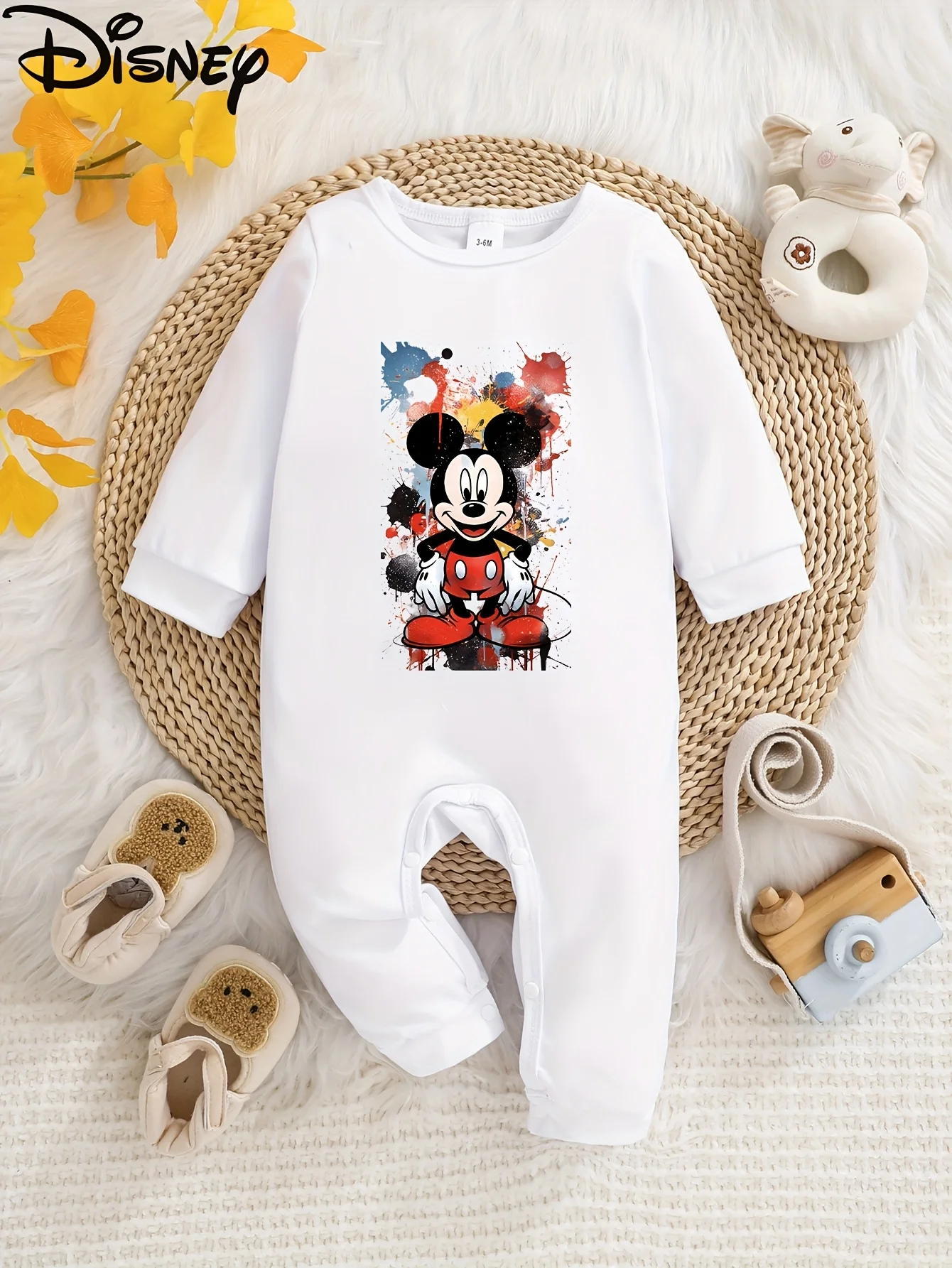 

【Осанторизованный】Детский комбинезон с длинными рукавами Disney Mickey Mouse, забавный и милый принт, круглый вырез, мягкий и удобный, можно стирать в машине, подходит для всех сезонов, идеально подходит для уличной одежды, незаменимый для фанатов Диснея,