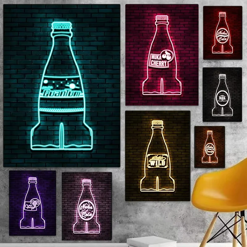 Неоновое настенное искусство Nuka Cola Bottle, HD плакат с принтом на холсте, дом, игровая комната, спальня, гостиная, интернет-кафе, украшение