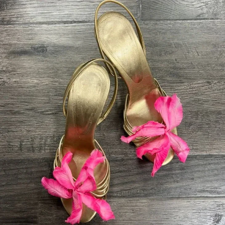 

Pink Floral Decor Hollow Sandals Women Open Toe Stiletto Heel Summer New Slingback Slip On Elegant Girl Beach Holiday Shoes