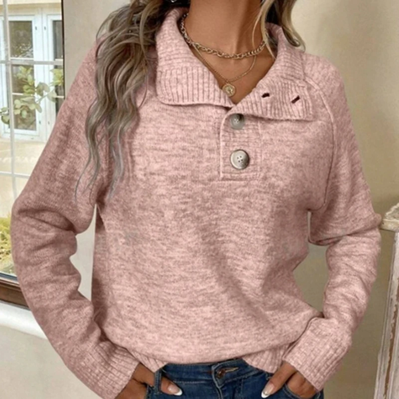 

Quality Premium Women's Fall Knit Sweater Solid Color Button Fold-Over Collar Ribbed Cuffs Long Sleeve Pullover