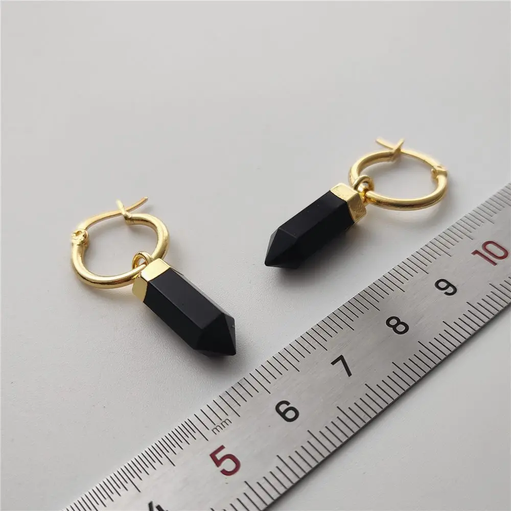 FUWO Wholesale Natural Obsidian Point Earrings,Golden Plated Handmade Faceted Black Crystal Women Jewelry 5Pairs/Lot ER120