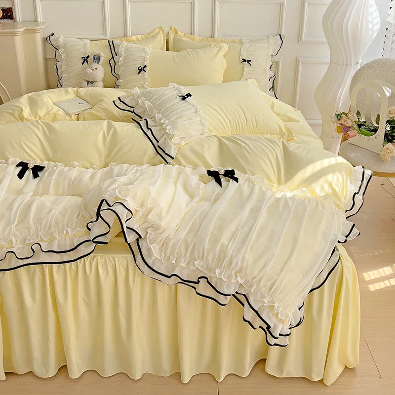 Korean Version Jacquard Double-layer Lace Four-piece Set Solid Color Lace Quilt Cover Bed Sheet Pillowcase Bedding Set