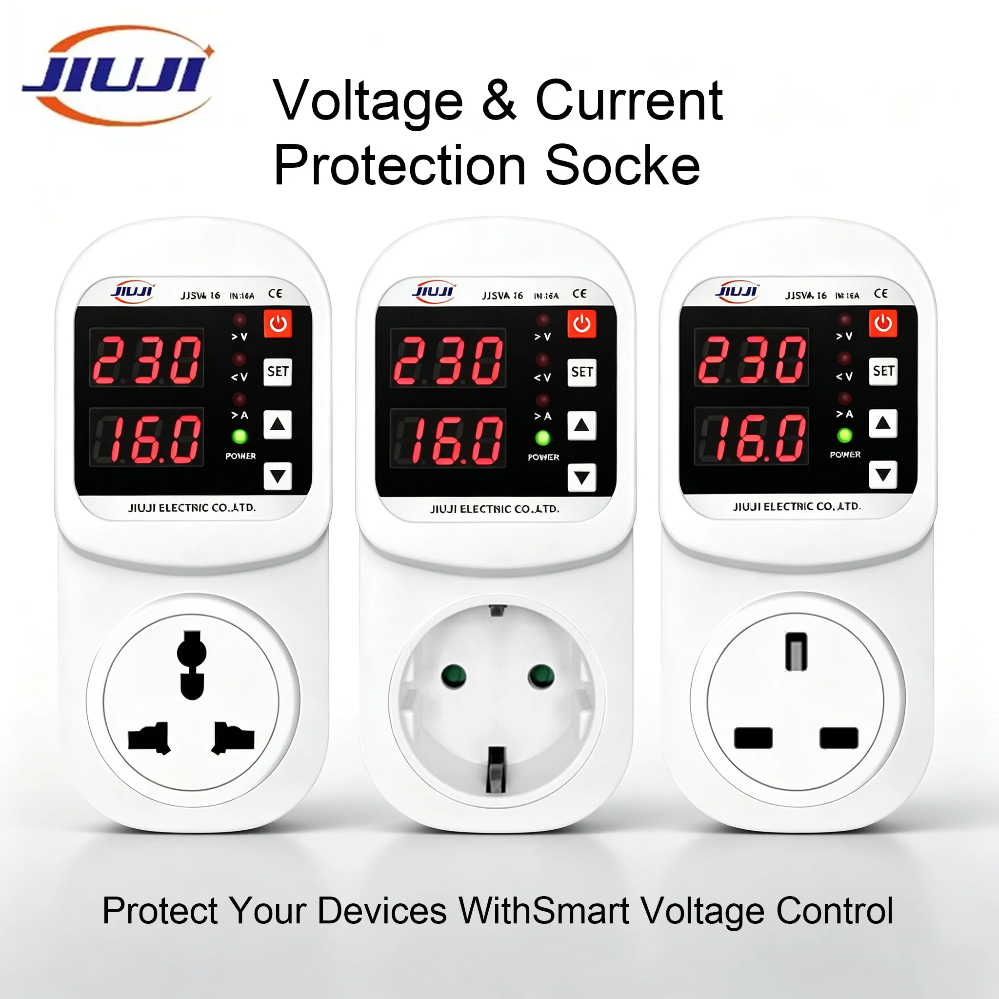 JIUJI Automatic Voltage Current Protector Socket AC 220V Adjustable 1-16A Power Surge Protector Universal EU UK Socket JJSVA-16