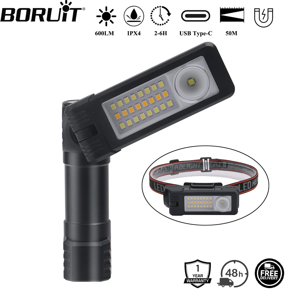

BORUiT 600LM светодиодный фонарик, налобный фонарь типа C, перезаряжаемый рабочий фонарь с магнитным ремонтом, фара для кемпинга, фонарь