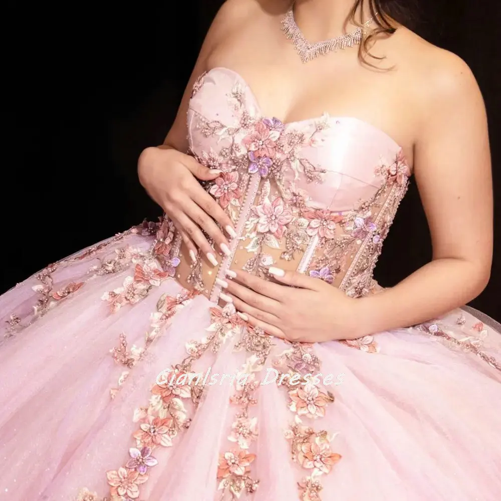 

Pink Sleeveless Illusion Corset Quinceanera Dresses Ball Gown 3D Flowers Beading Appliques Lace Sweet 16 Vestidos De 15 Años