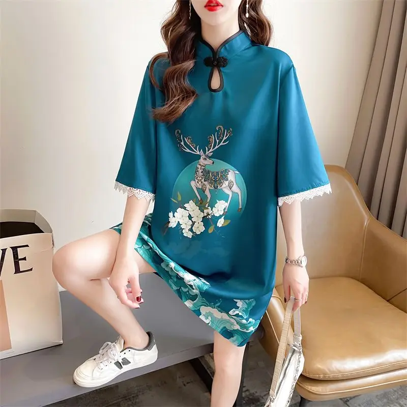 Vintage Chinese Style Summer Women\'s Stand Collar Button Printing Spliced Fashion Versatile Loose Short Sleeve Mid Length Dress