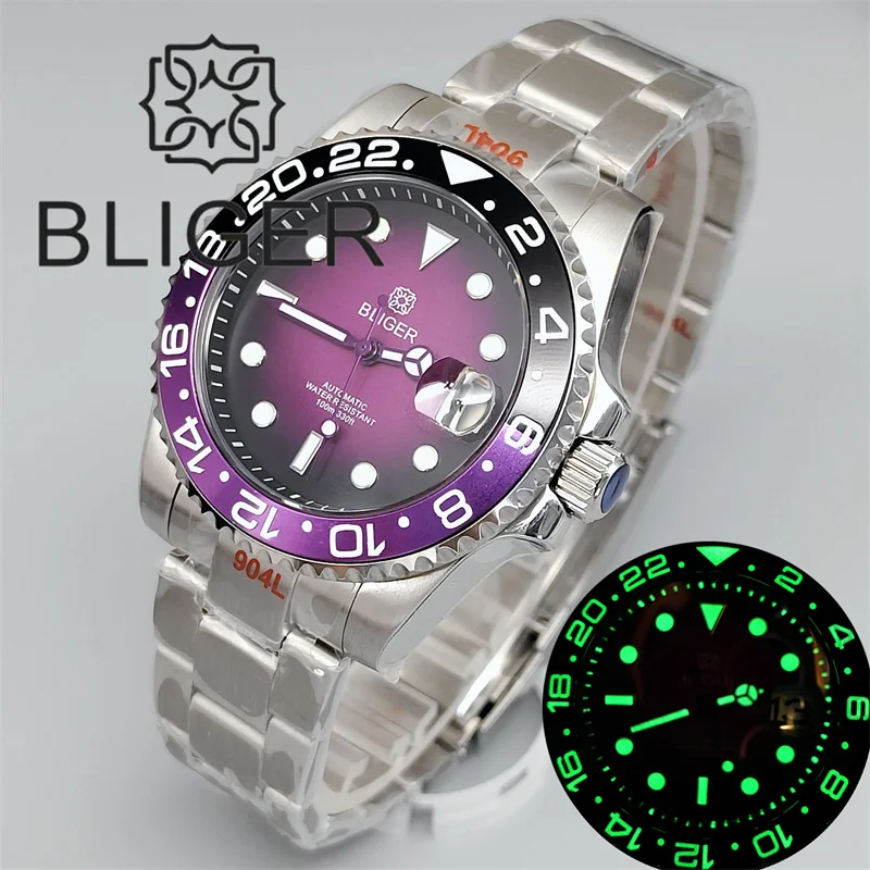 BLIGER 40mm Dive Watch For Men Black Purple Bezel Green Luminous Sapphire Glass Black Chapter Glow Black Purple Dial Waterproof