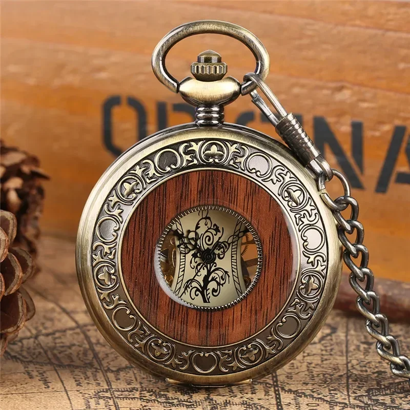 Vintage Wood Case Mechanical Pocket Watch Roman Numerals Carving Flower Dial Handwinding Clock Pendant Chain Women Men Gifts