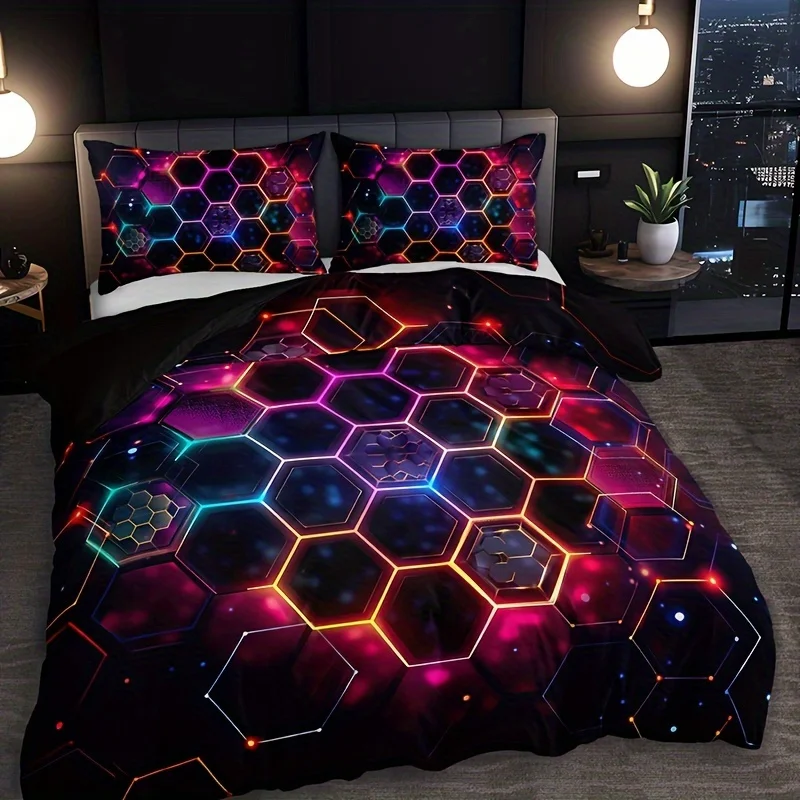 

3-Piece Honeycomb Hexagon Pattern Duvet Cover Set, Futuristic Tech Design, 100% Polyester, Breathable, All-Season Christmas Gift