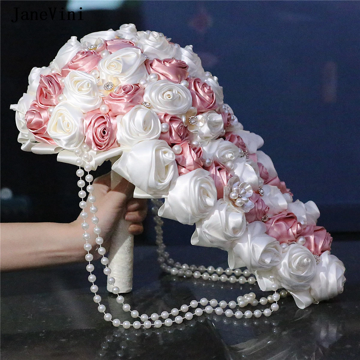JaneVini 2026 Nude Pink Waterfall Wedding Bouquets Beaded Pearl Bouquet for Bride Ribbon Satin Rose Cascade Bridal Flower Brooch
