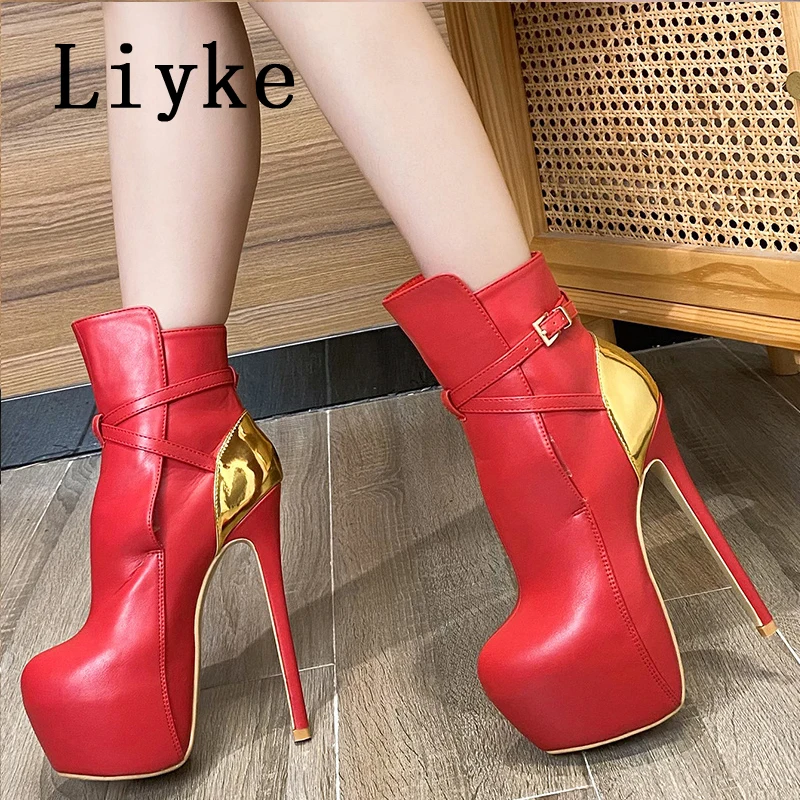 

Liyke Autumn Winter Platform Boots For Women Sexy Buckle Strap Round Toe Pole Dance High Heels Ladies Cool Riding Shoes Size 45