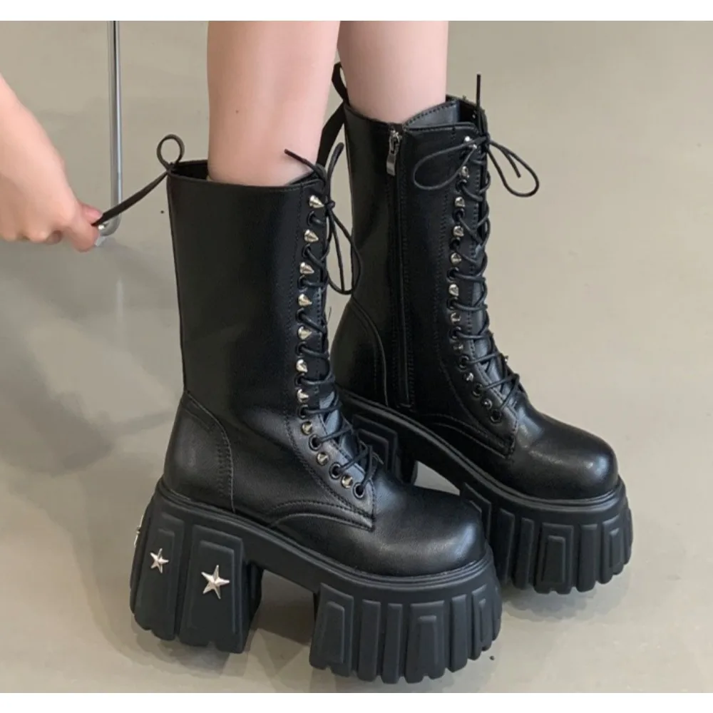 

New Punk Women Platform Ankle Boots Female's Rock Round Toe Lace Up Fashion Retro Chunky Shoes Metal Decor Short Boots