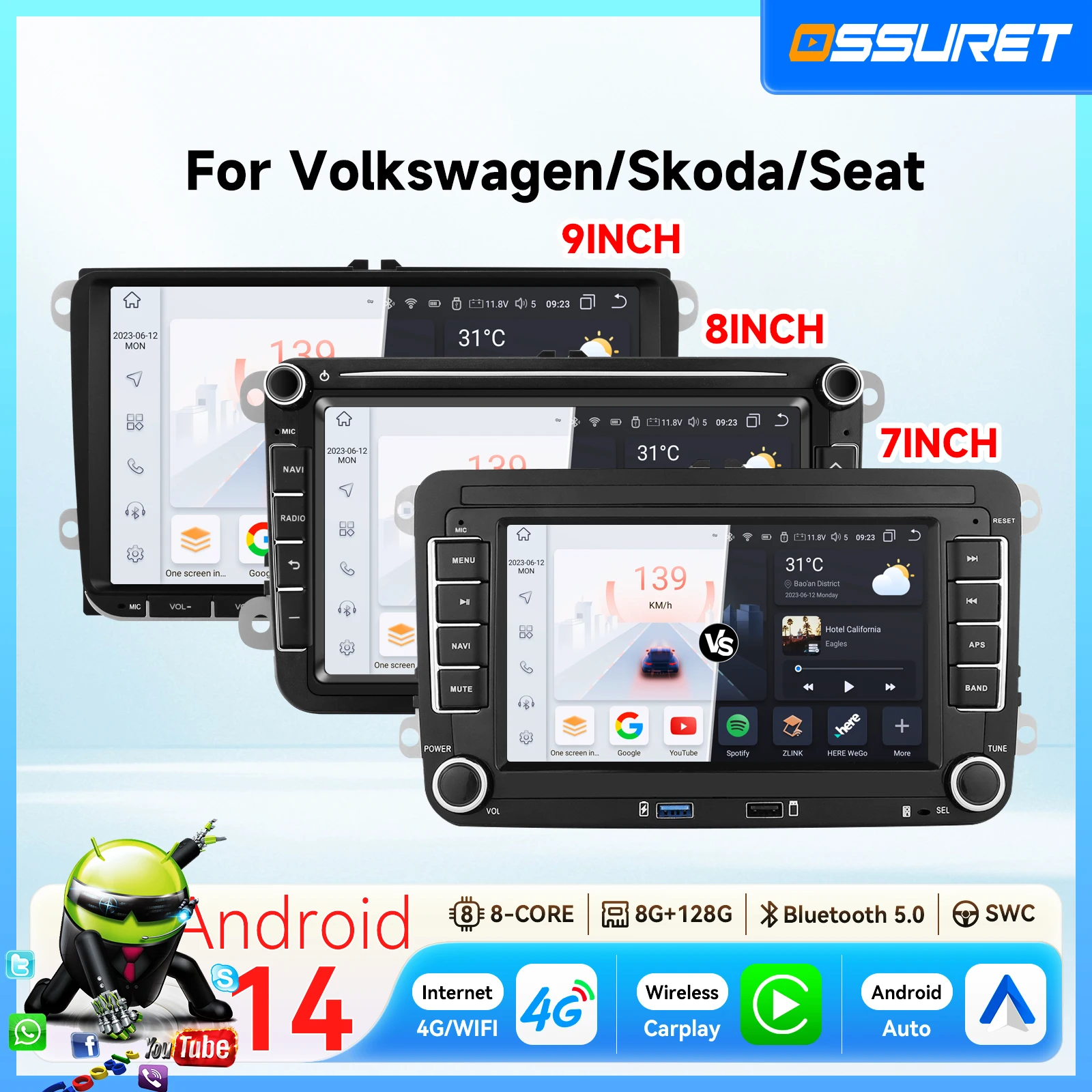 Autoradio Carplay Android 14 7/8/9 pouces pour VW POLO GOLF 5 6 PASSAT B6 JETTA TIGUAN SHARAN Seat Octavia Fabia Skoda Leon, lecteur multimédia GPS, écran intelligent, unité principale 2DIN