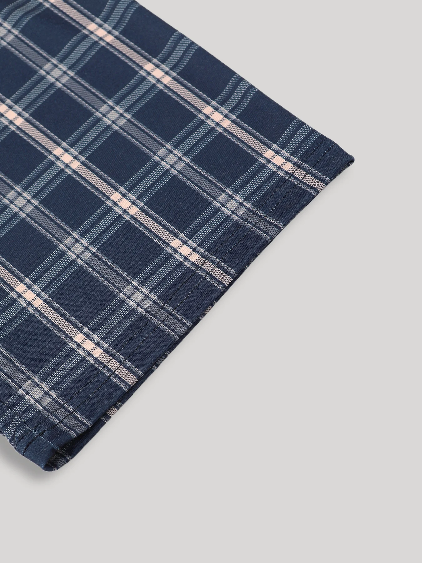 Men's Spring Autumn Blue Henry Collar Long Sleeve Shirt Plaid Pants Comfortable Outfit Set