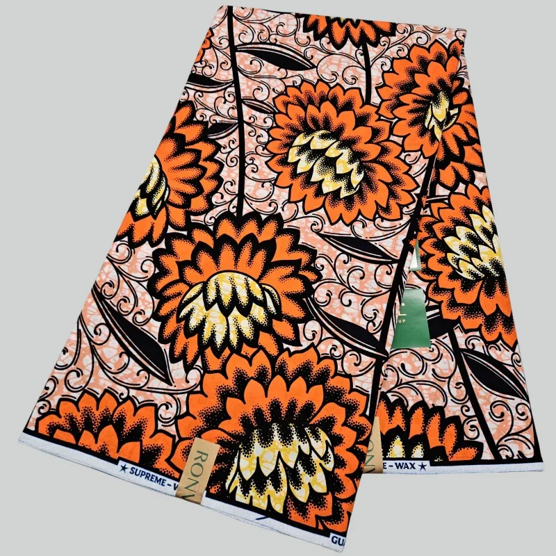 

6 ярдов длинная хлопчатобумажная африканская восковая ткань с огромным оранжевым цветочным принтом для шитья платья, дивана, занавески, скатерть шириной 120 см R2810