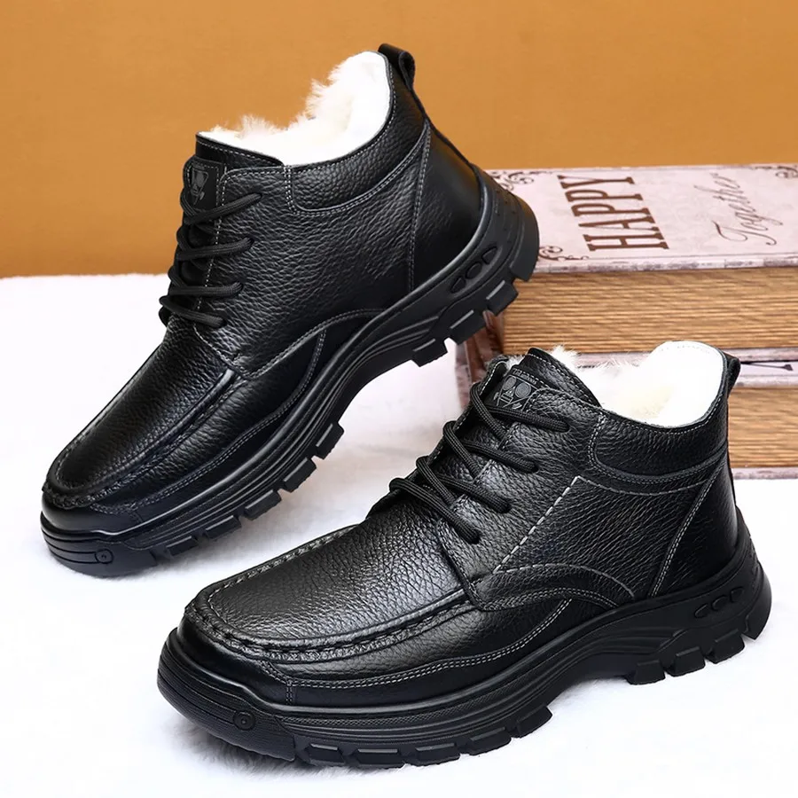 Men's Winter Fleece-Lined Lace-Up Ankle Boots, Round Toe, Durable Casual Business Boot for Daily Wear and Outdoor Use