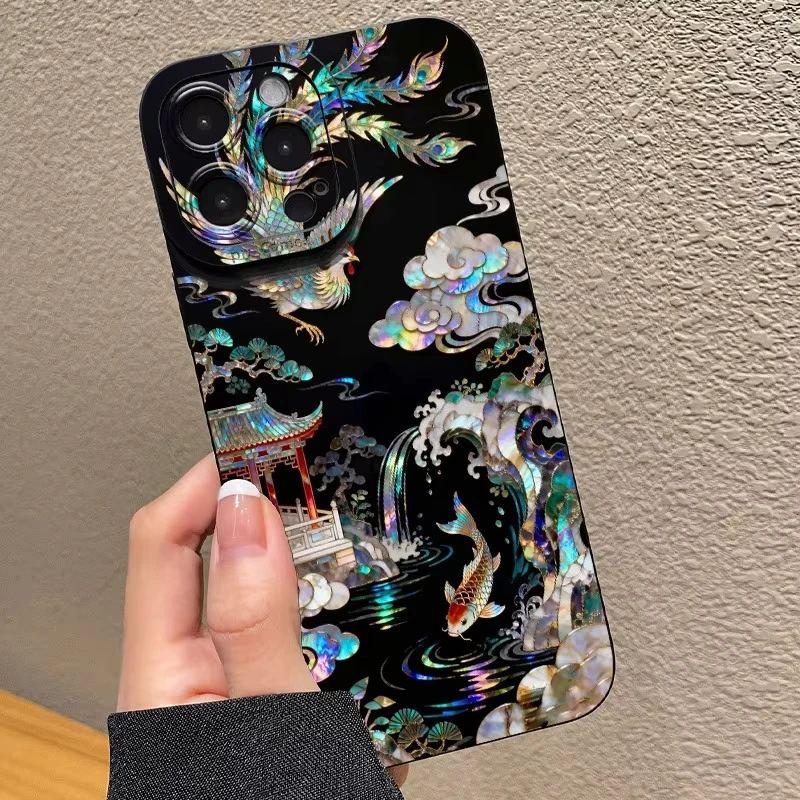 Mother-of-Pearl Phoenix Pavilion and Koi Pond Phone Case For iPhone 17 16 15 14 13 12 Pro Max 16 15 14 Plus 17E X XR 17Air Cover