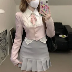 Fashion 3 Piece Set Skirt Woman Kawaii Uniform Suit Casual Shirt + Pink Short Tops + Slim Y2k Mini Skirt Japanese 2023 Autumn