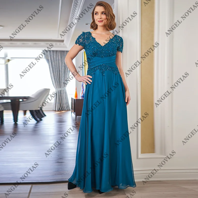 

Customized Vintage A Line Blue Mother of the Bride Dresses with Sleeves Wedding Guest Gowns Vestido De Festa De Casamento