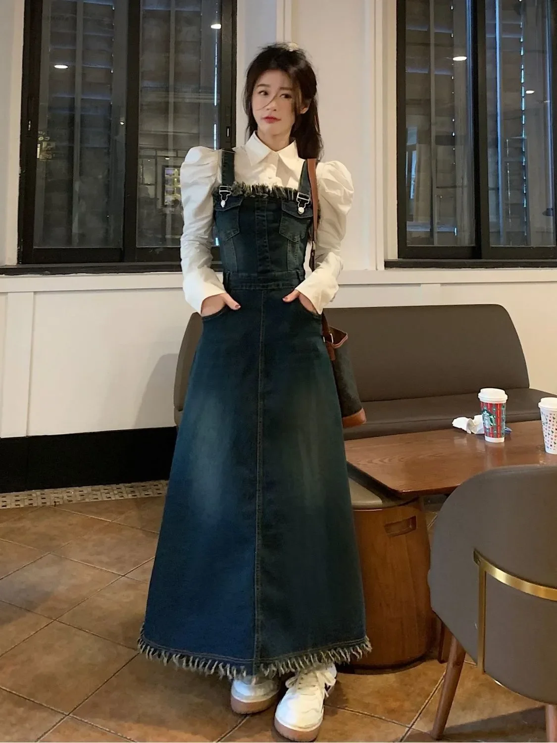 plus Size Denim Overalls Women's Early Spring Fashionable Outfit High Waist Breathable Long Sleeve Shirt Dress with Buttons