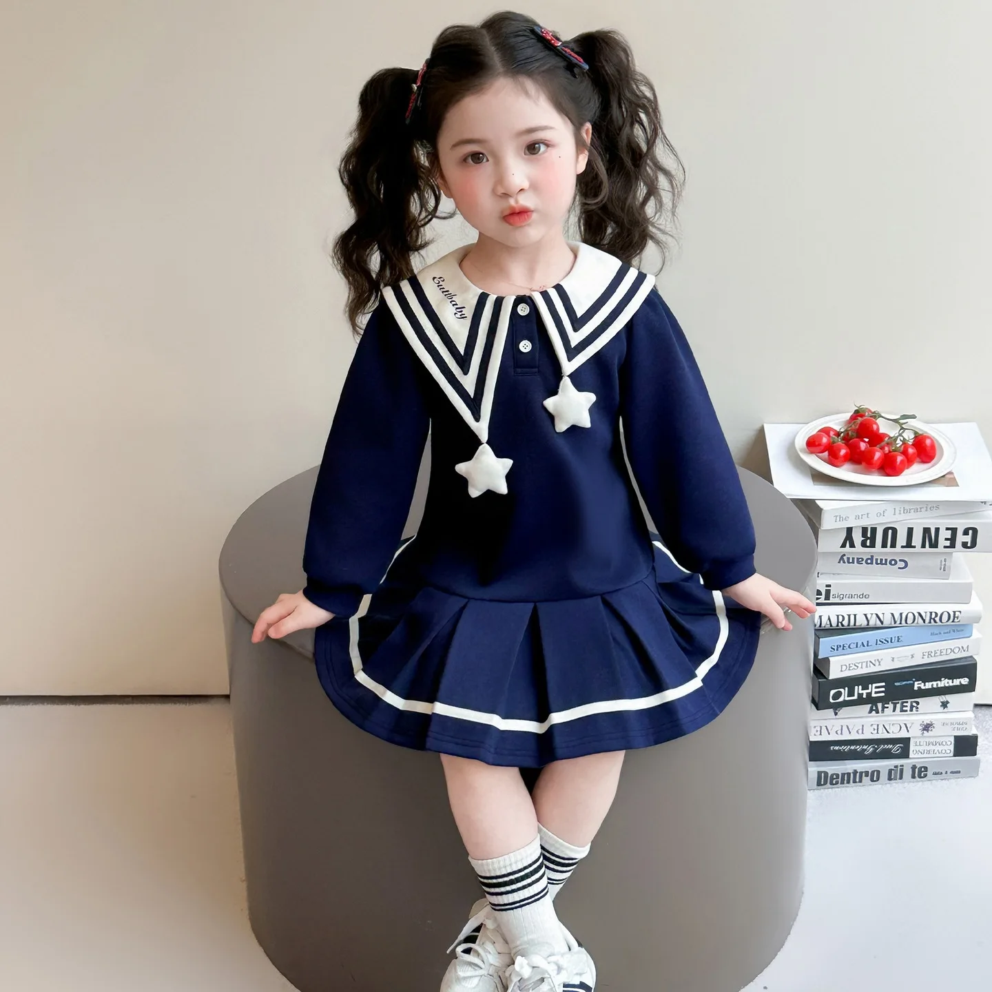 Girls Dress 2026 Spring New Korean Version Navy Collar Western-style Dress Casual Fashion Daily Temperament Wear 4