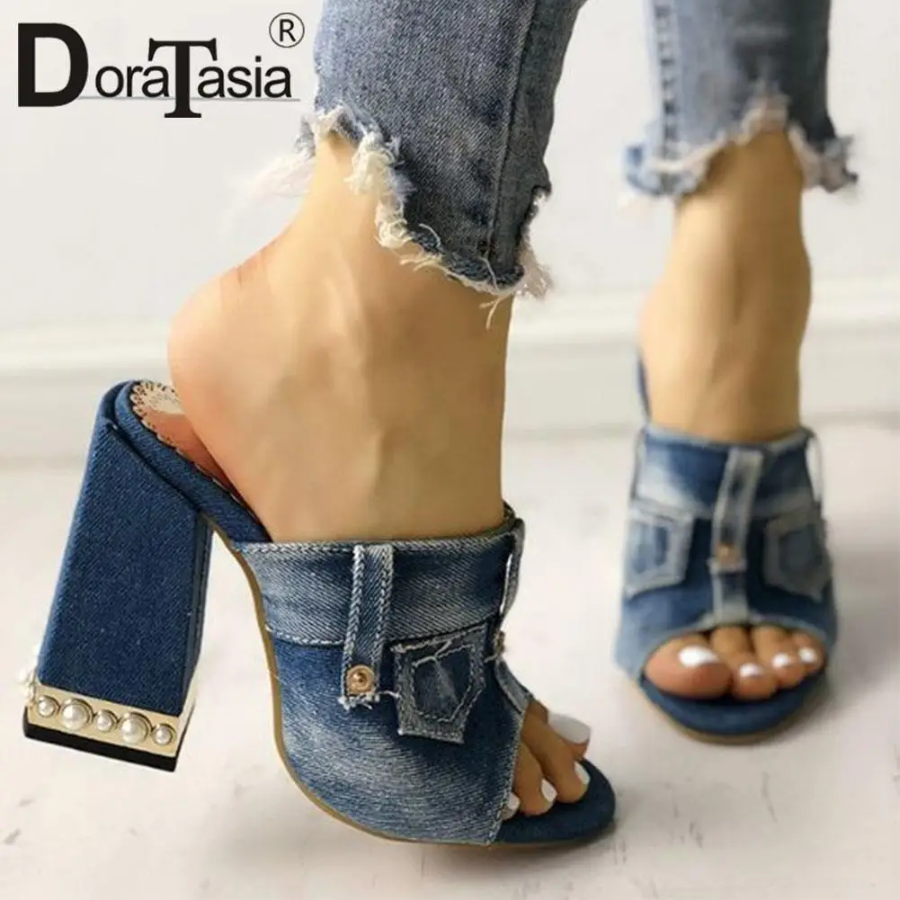 Brand New Ladies Peep Toe Denim Mules Fashion Chunky High Heels Summer women's Slippers Party Office Sexy Sandal Woman Shoes