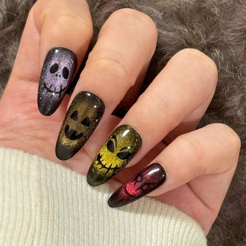 

24 pieces Halloween manicure almond-shaped colored cat's eye manicure dark funny skeleton ins wind manicure wearing manicure