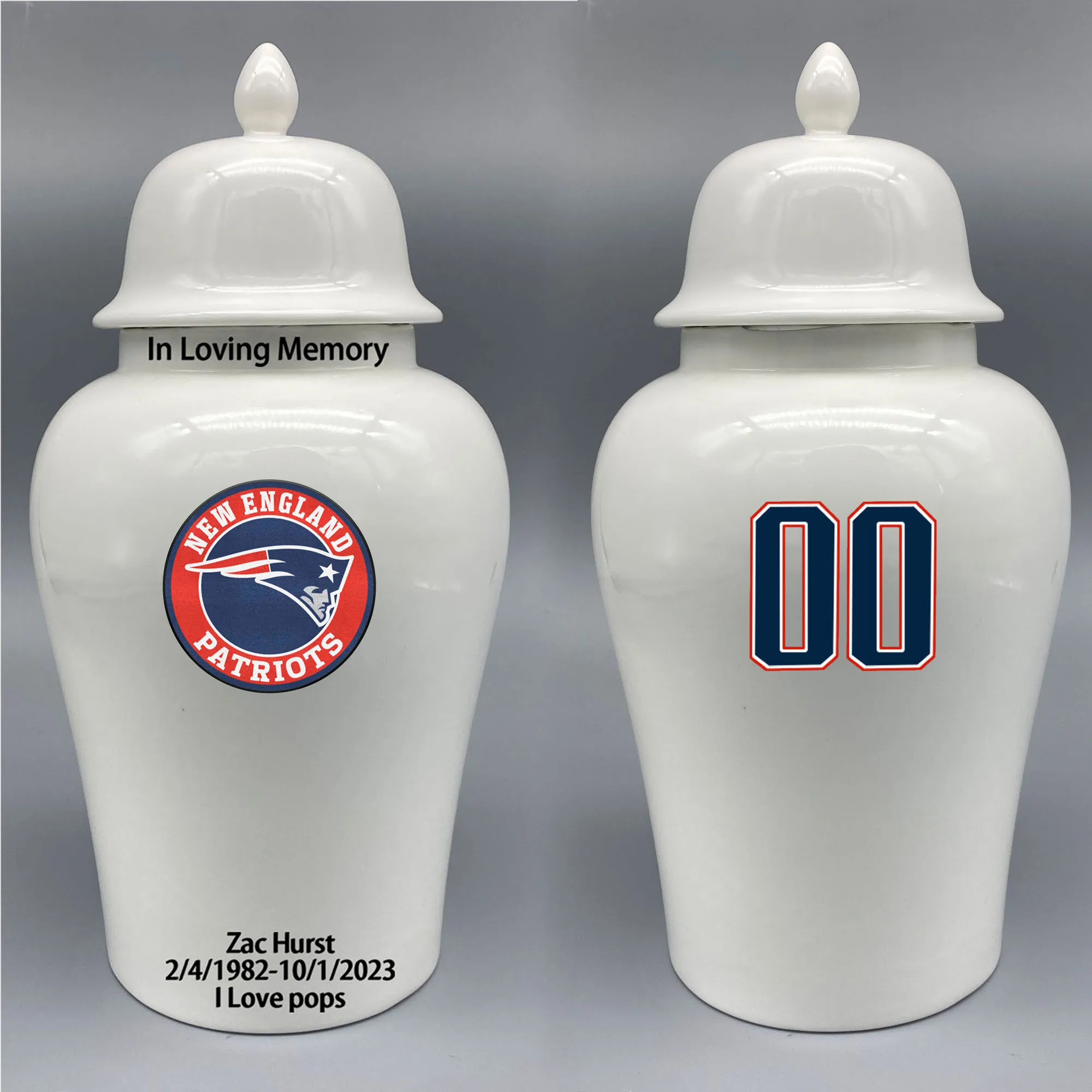 Large Urn for New England Patriots-themed Logo Urn.Please send me the customize information-name/date and number on the urn