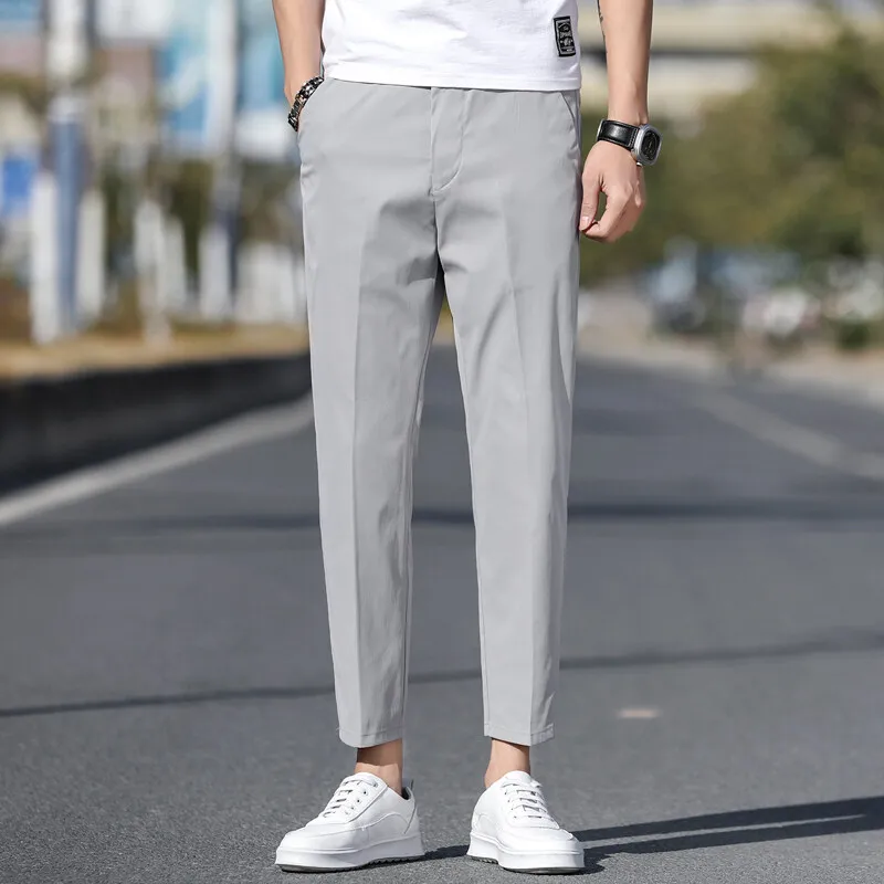 Spring Summer New Straight Cropped Pants Youthful Vitality Men's Clothing Korean Solid Color All-match Fashion Zipper Suit Pants