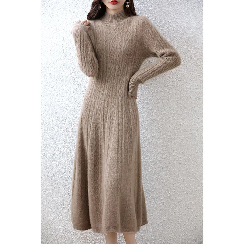 Elegante Mode Kleider Kaschmir Pullover Gestrickte Lange Kleid 100% Merino Wolle Frauen Rollkragen Büro Rock Herbst Winter Kleidung