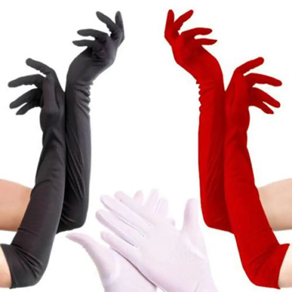 1 Pair Women\'s Evening Party Formal Gloves Solid Color Satin Long Finger Mittens forEvents Activities Red White Color