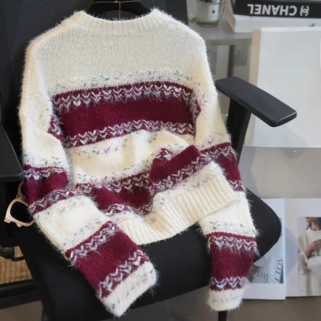 

Women's Lazy Loose Casual Crewneck Long Sleeve Knitted Sweater Jacket New F101317 for Autumn And Winter