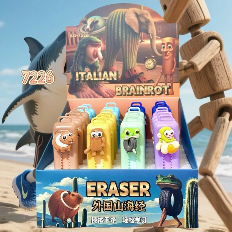 

6/24pcs Eraser Cute Italian Brainrot Ai Animals Tungtungtungsahur Tralalelotralala Push And Pull Pencil Eraser Student Gift