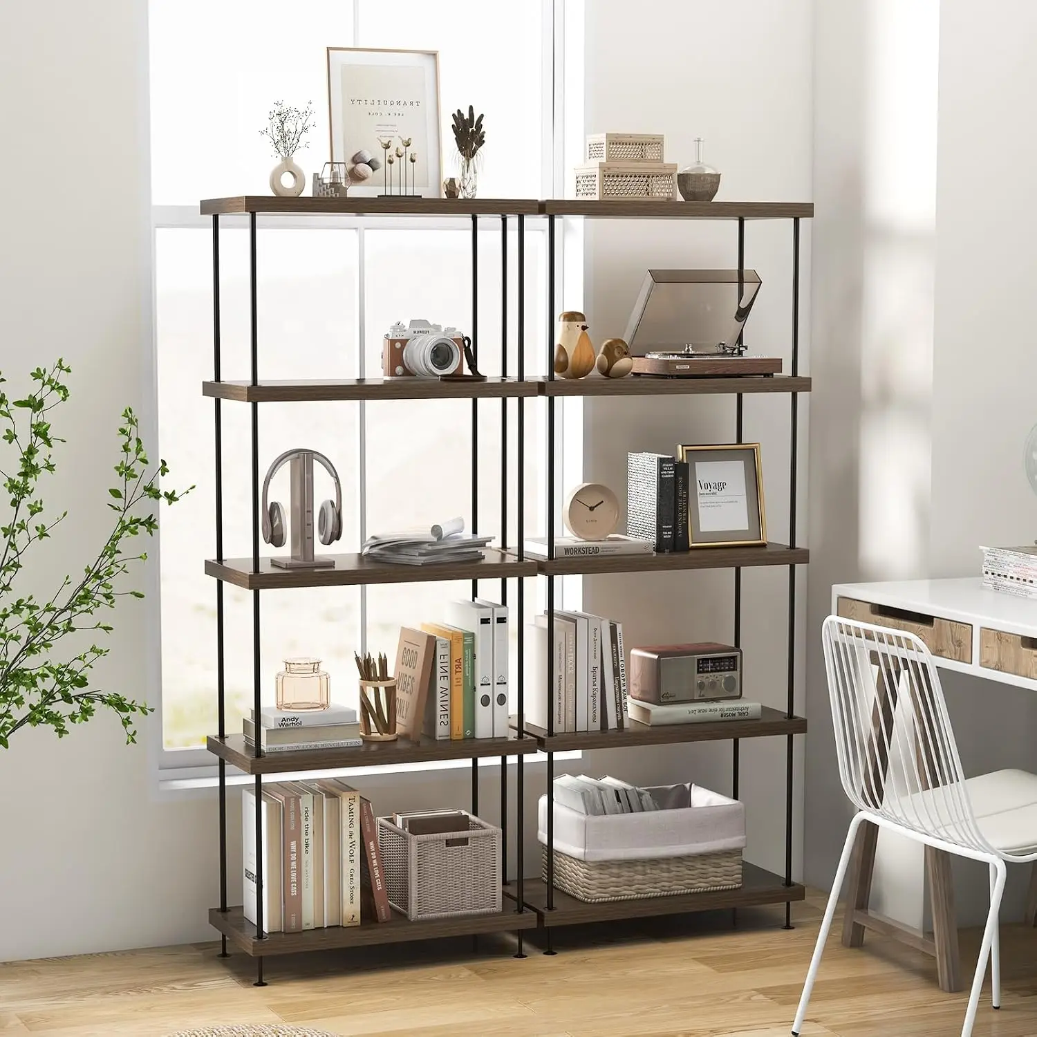 5-Tier Open-Back Bookshelf 2-Pack Metal Frame Storage Shelf Industrial Organizer Living Room Bedroom, Customized