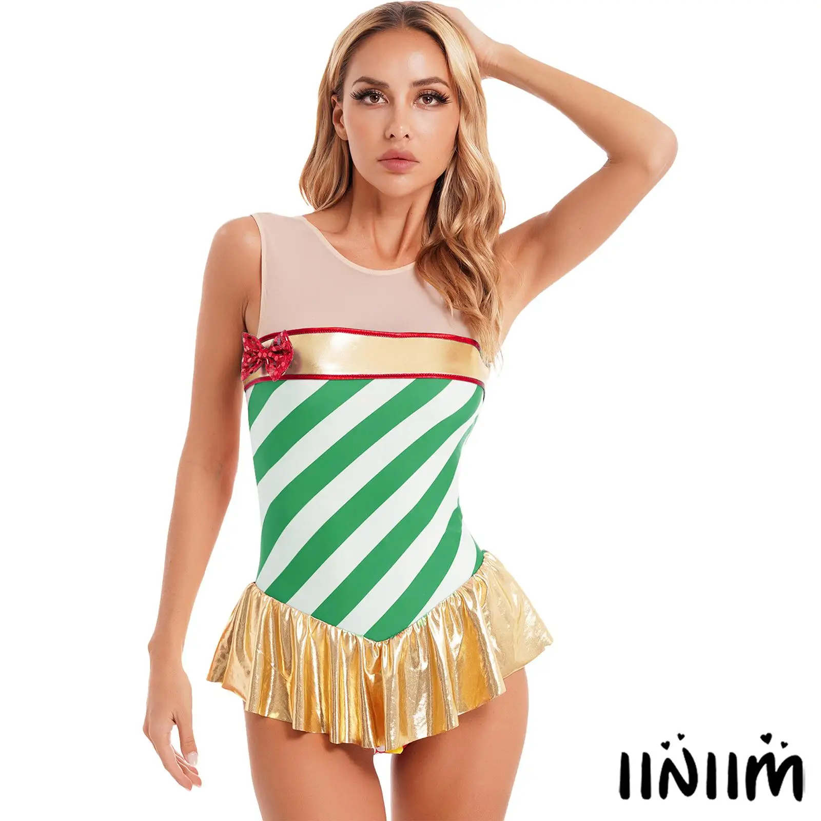 

Womens Candy Cane Bodysuit Christmas Costume Sleeveless Ruffled Skirted Leotard Ballet Dancewear Performance Party Fancy Dress